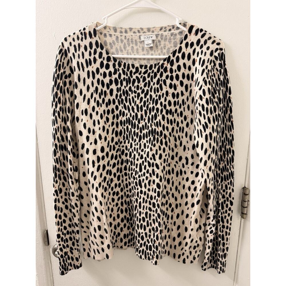 J.CREW Animal Print Knit Pullover Sweater Crew Neck Beige Black Long Sleeve L